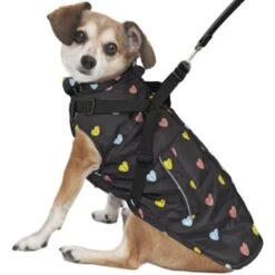 Black Heart Pattern Puffy Harness Dog Coat