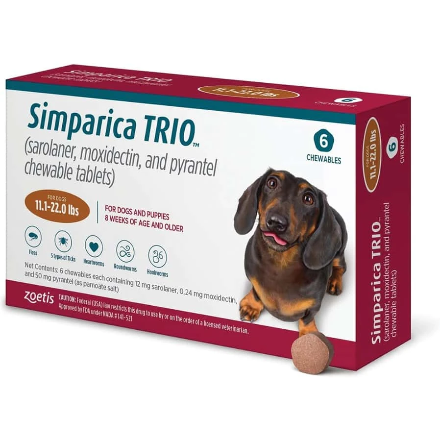 ZOETIS Simparica Trio Chewable Tablets For Dogs 11.1-22 Lbs 6 Pack 3 ZOETIS Simparica Trio Chewable Tablets For Dogs 11.1-22 Lbs 6 Pack