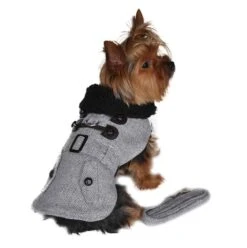 Designer Grey Herringbone Dog Harness Coat With Matching Leash